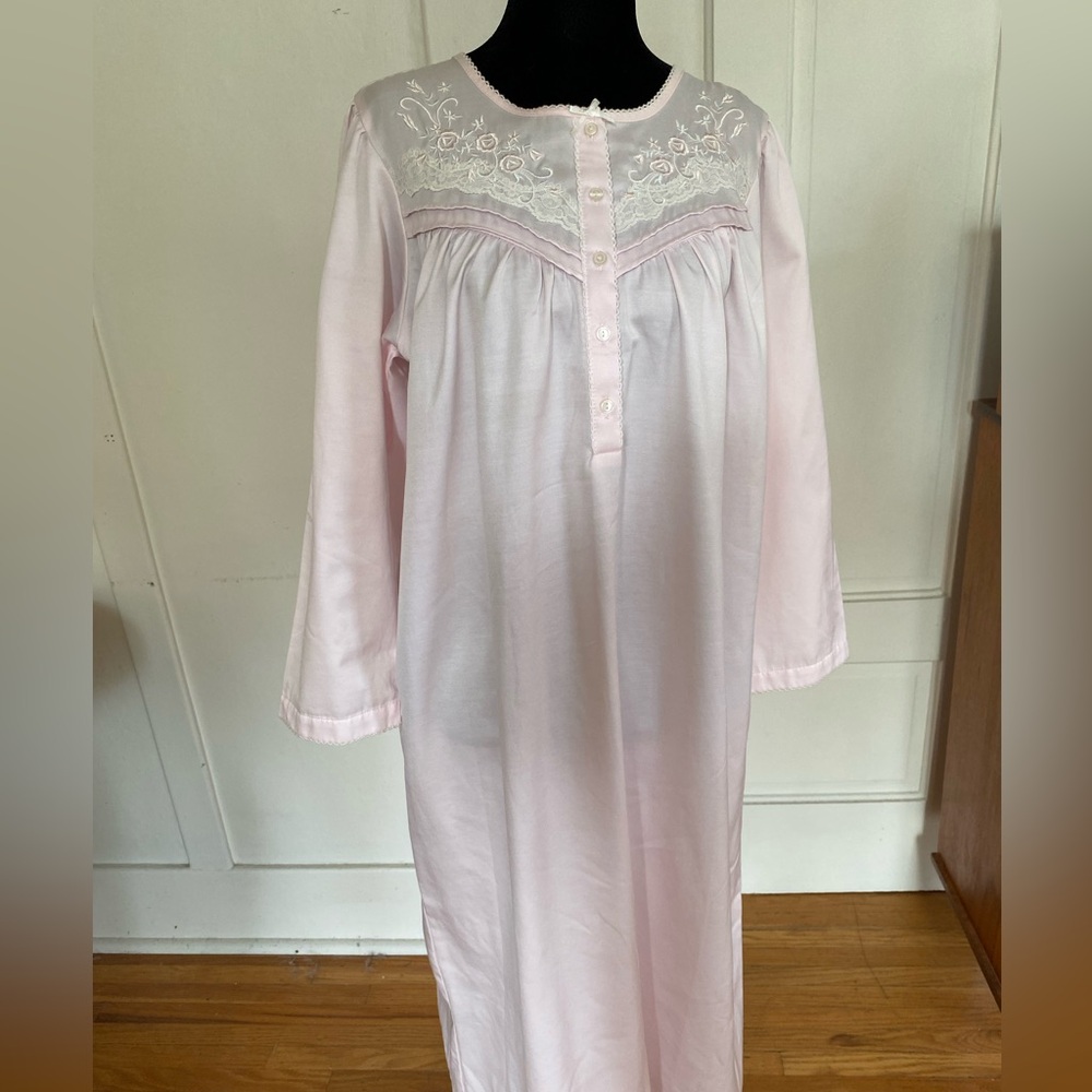 Vintage Satin and Fleece Soft Pink Nightgown with rose embroidery and lace.